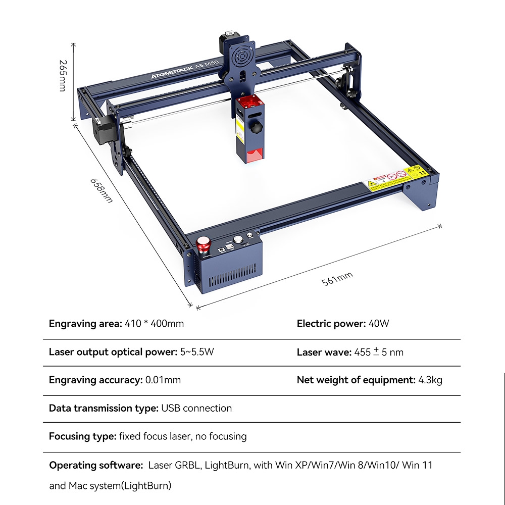 Atomstack A5 M50 Laser Cutter and Engraver, 40W Electric Power 5-5.5W Optical Power, Quad-Lens Double Compression Spot