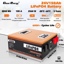 Cloudenergy 24V 150Ah LiFePO4 Battery Pack  3840Wh Energy  6000  Cycles  Built-in 100A BMS