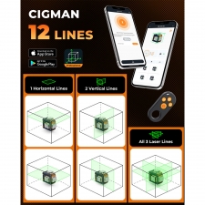 CIGMAN CM-S03 12-Line Laser Level with LCD Display  3×360° Green Beam  ±1 5mm/5m High Accuracy  Auto-Leveling  2600mAhx2 Bat