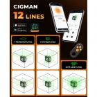 CIGMAN CM-S03 12-Line Laser Level with LCD Display  3×360° Green Beam  ±1 5mm/5m High Accuracy  Auto-Leveling  2600mAhx2 Bat