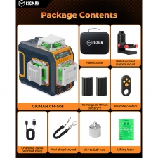 CIGMAN CM-S03 12-Line Laser Level with LCD Display  3×360° Green Beam  ±1 5mm/5m High Accuracy  Auto-Leveling  2600mAhx2 Bat