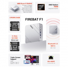 FIREBAT F1 Mini PC  AMD Ryzen 5 7640HS  6 Cores 12 Threads Up to 5,0GHz  AMD Radeon 760M Graphics  24GB LPDDR5 RAM  512GB SSD
