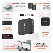 FIREBAT R3 Mini PC  AMD Ryzen 5 7430U 6 Cores 12 Threads Up to 4,3GHz  16GB LPDDR4 RAM 512GB SSD  AMD Radeon Graphics