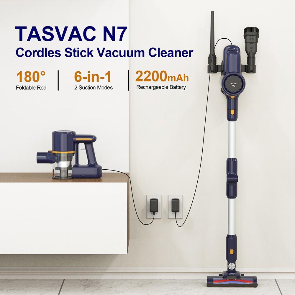 TASVAC N7 Cordless Vacuum Cleaner, 14kPa Suction, 180° Foldable Rod, 2200mAh Rechargeable Battery, LED Headlight, Blue - EU Pl