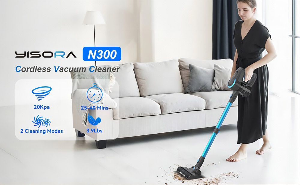 YISORA N300 Cordless Vacuum Cleaner, 20kPa Powerful Suction, 0.8L Dust Cup, 2200mAh Battery, Up to 40min Runtime, 2 Cleaning Mo