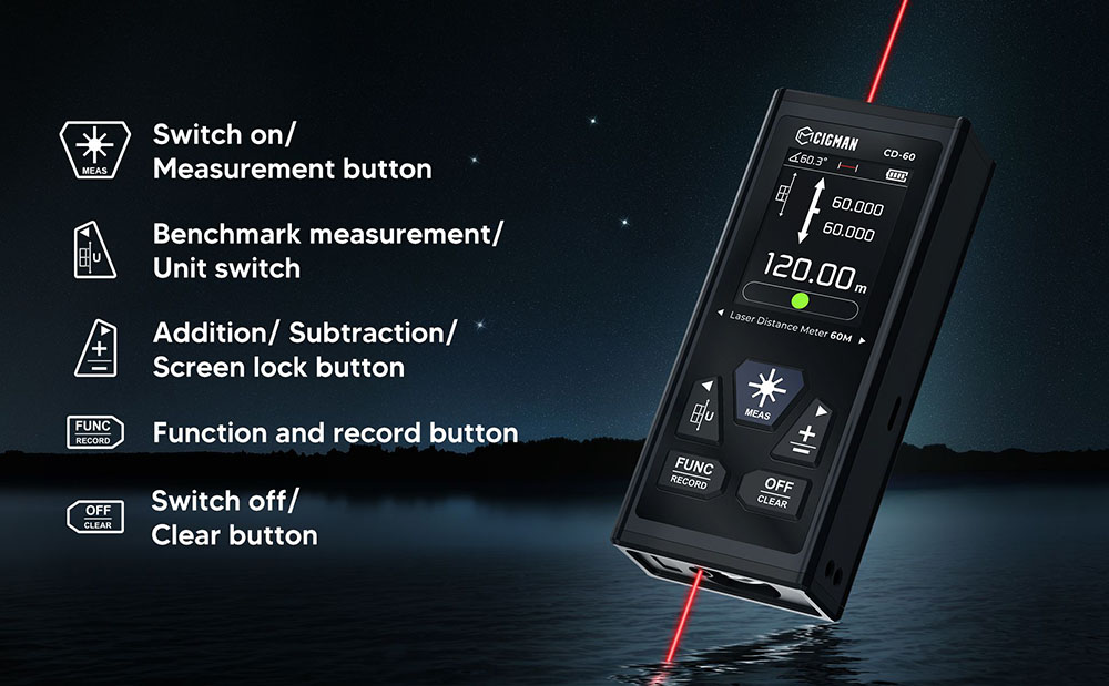 CIGMAN CD-60 Bilateral Laser Distance Meter  393ft/120M Bilateral Measurement  with M/in/Ft Multiple Units