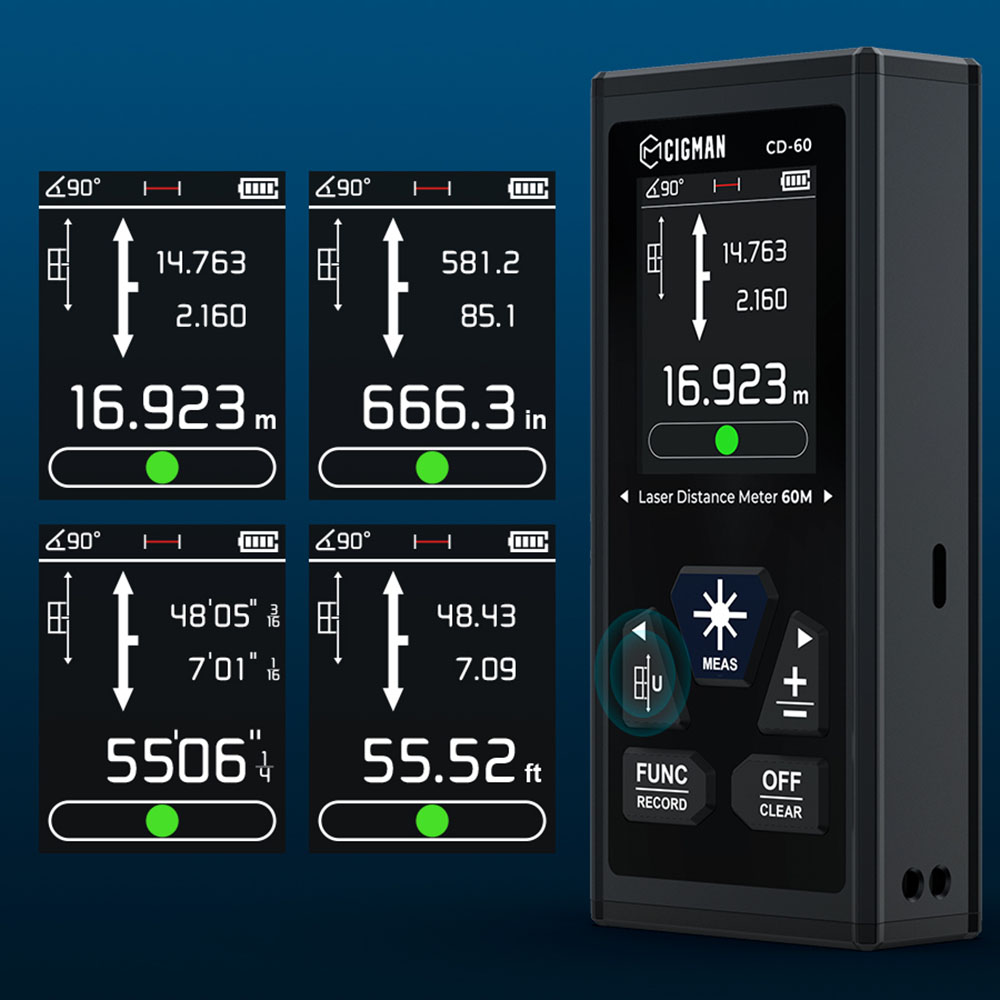 CIGMAN CD-60 Bilateral Laser Distance Meter  393ft/120M Bilateral Measurement  with M/in/Ft Multiple Units
