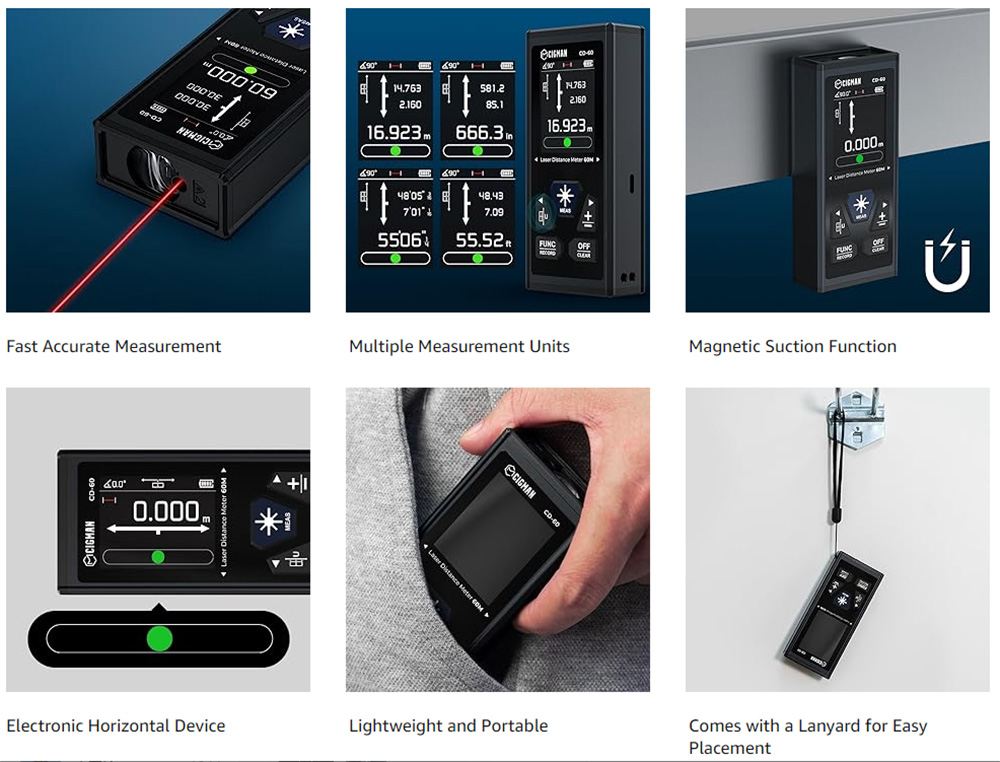 CIGMAN CD-60 Bilateral Laser Distance Meter  393ft/120M Bilateral Measurement  with M/in/Ft Multiple Units
