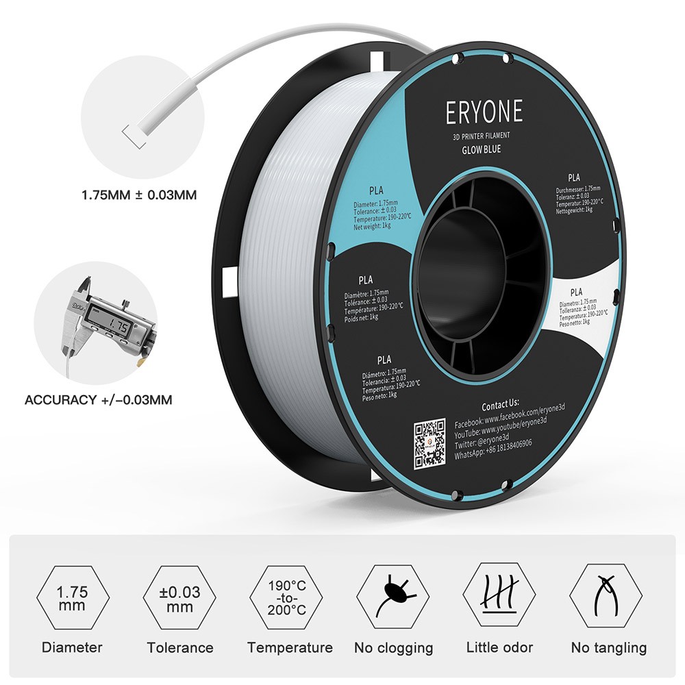 ERYONE 1 75mm Luminous PLA 3D Printing Filament 1KG Blue