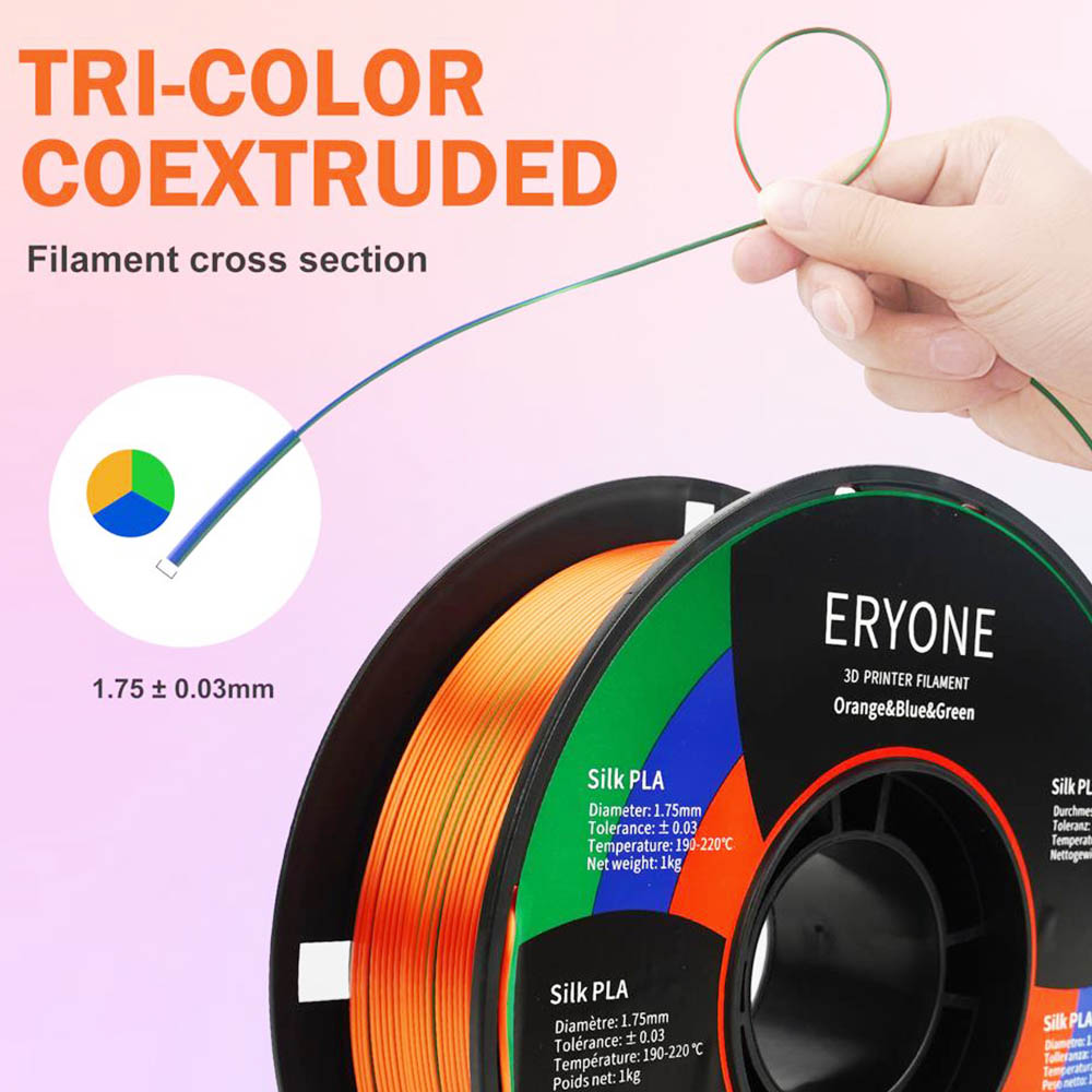 ERYONE Triple-Color Silk PLA Filament for 3D Printers 1 75mm Accuracy /- 0 03 mm 1kg 2 2LBS /Spool-Orange Blue Green