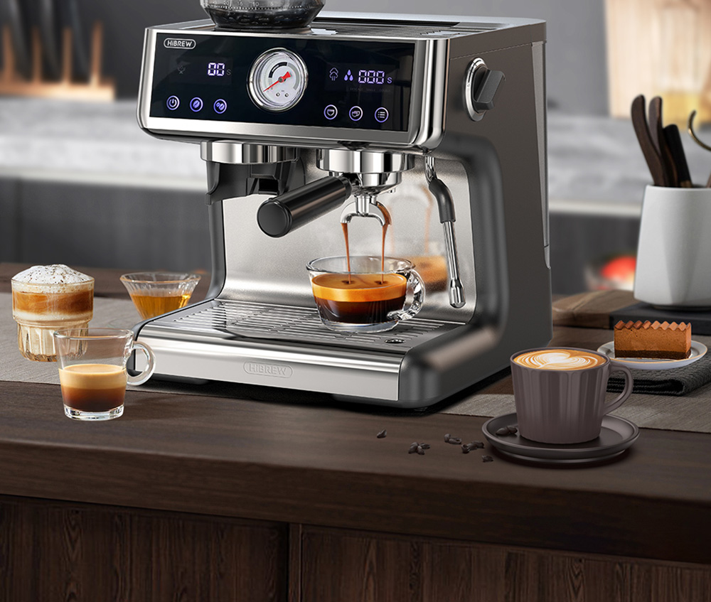 HiBREW H7A Coffee Maker Espresso Machine  20 Bar Pressure  Dual Boiler System  30 Levels Grinder  250g Coffee Bean Capacity  LC