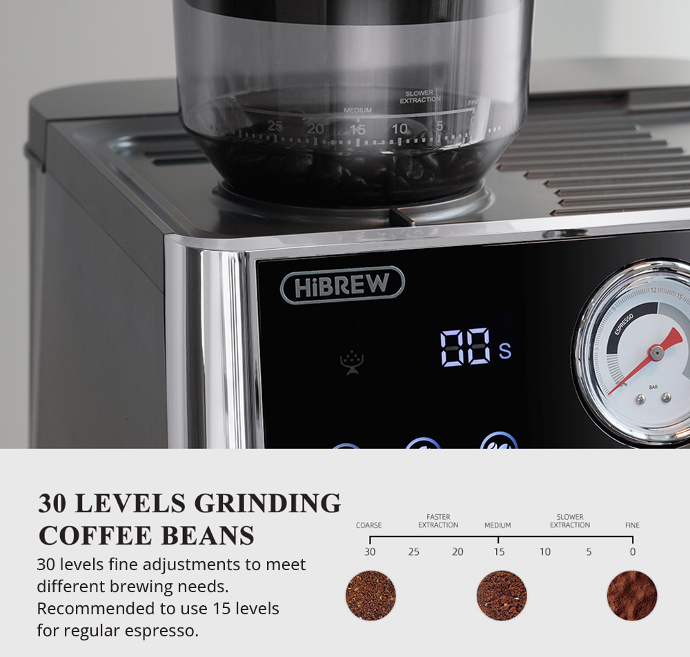 HiBREW H7A Coffee Maker Espresso Machine  20 Bar Pressure  Dual Boiler System  30 Levels Grinder  250g Coffee Bean Capacity  LC