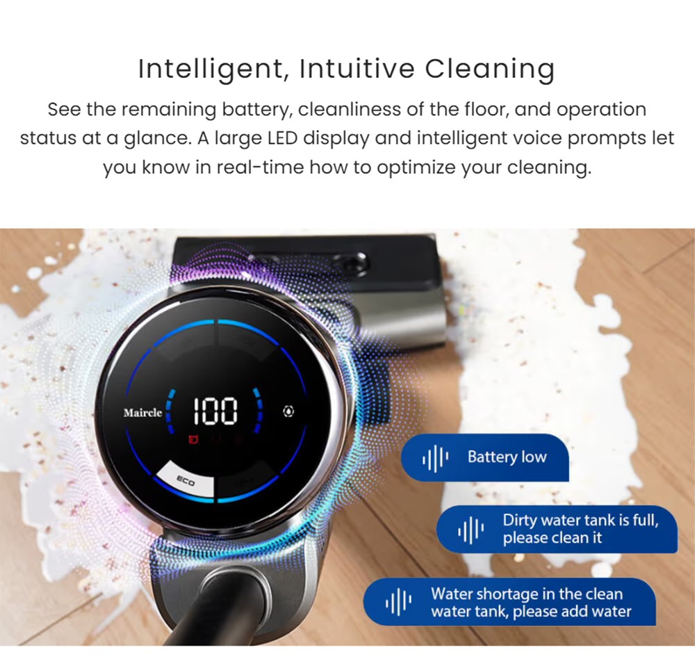 Maircle F1 Cordless Wet Dry Vacuum Cleaner 16kPa Suction 35min Runtime LED Display Self-propelled and Self-Cleaning Voice