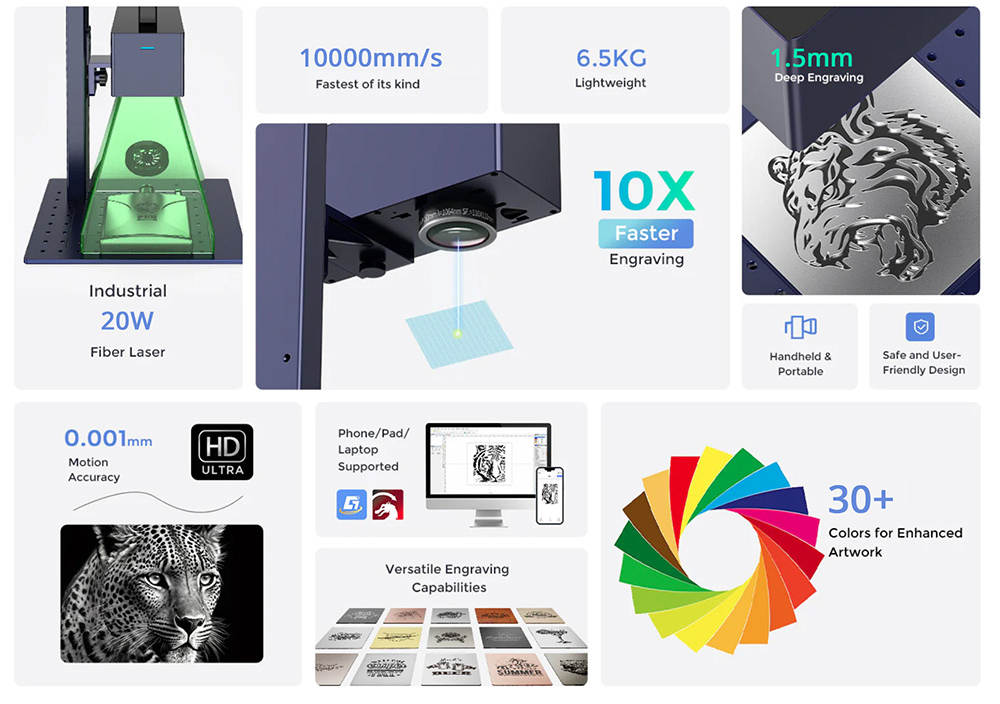 Gweike Cloud G2 Pro 20W Fiber Laser Marking Machine  10000mm/s Speed  0 001mm Accuracy  110mm*110mm  1 5mm Max  Depth on Metal