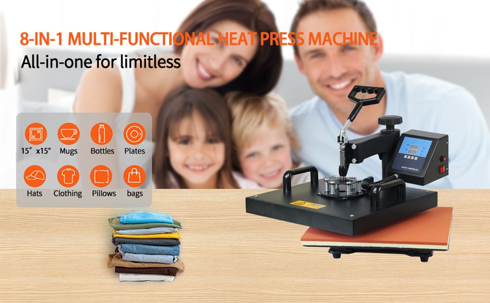 SHUOHAO 8 In 1 Heat Press Machine 15*15in For Cap/Bag/Mouse/Pad/Phone Case/Tape/Stickers/Mug/Plate/Puzzle/T-shirts