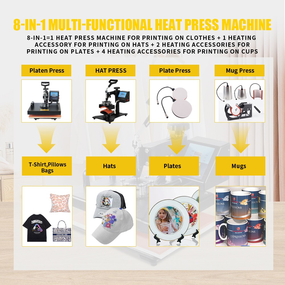 SHUOHAO 8 In 1 Heat Press Machine 15*15in For Cap/Bag/Mouse/Pad/Phone Case/Tape/Stickers/Mug/Plate/Puzzle/T-shirts