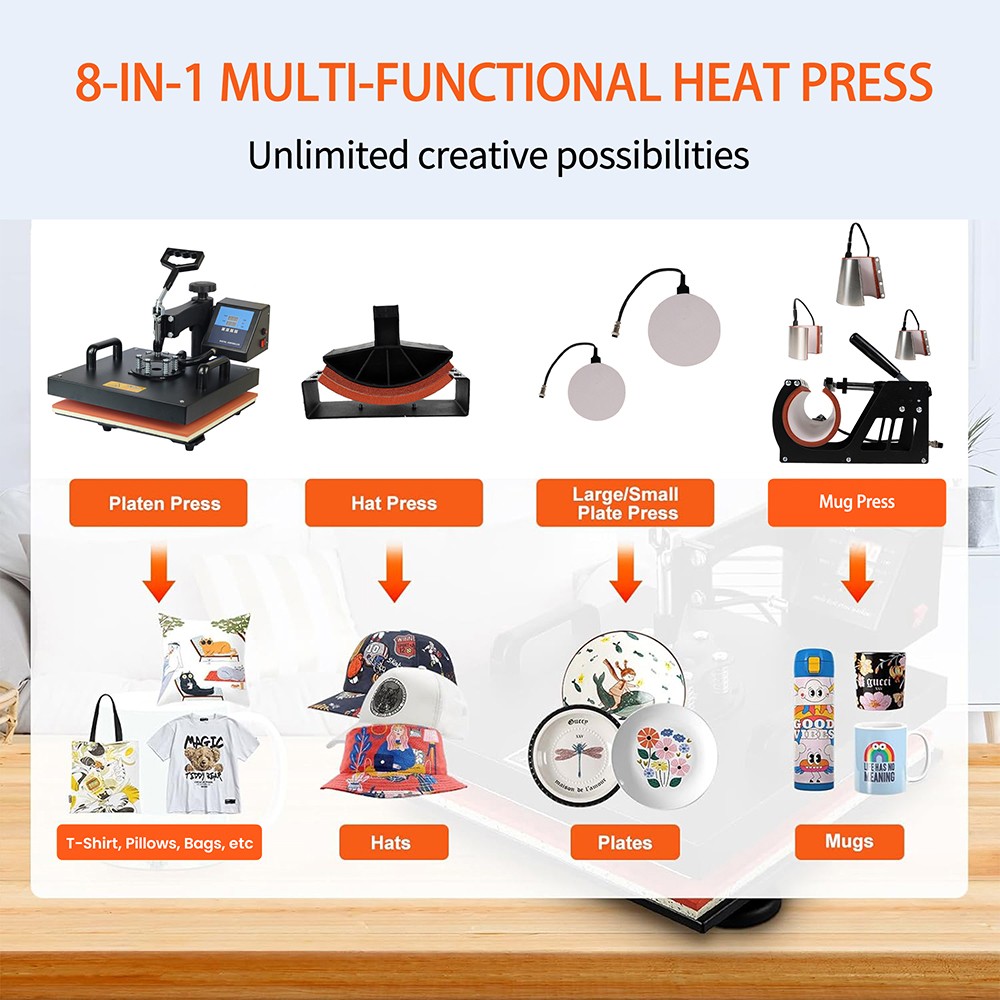 SHUOHAO 8 In 1 Heat Press Machine 15*15in For Cap/Bag/Mouse/Pad/Phone Case/Tape/Stickers/Mug/Plate/Puzzle/T-shirts