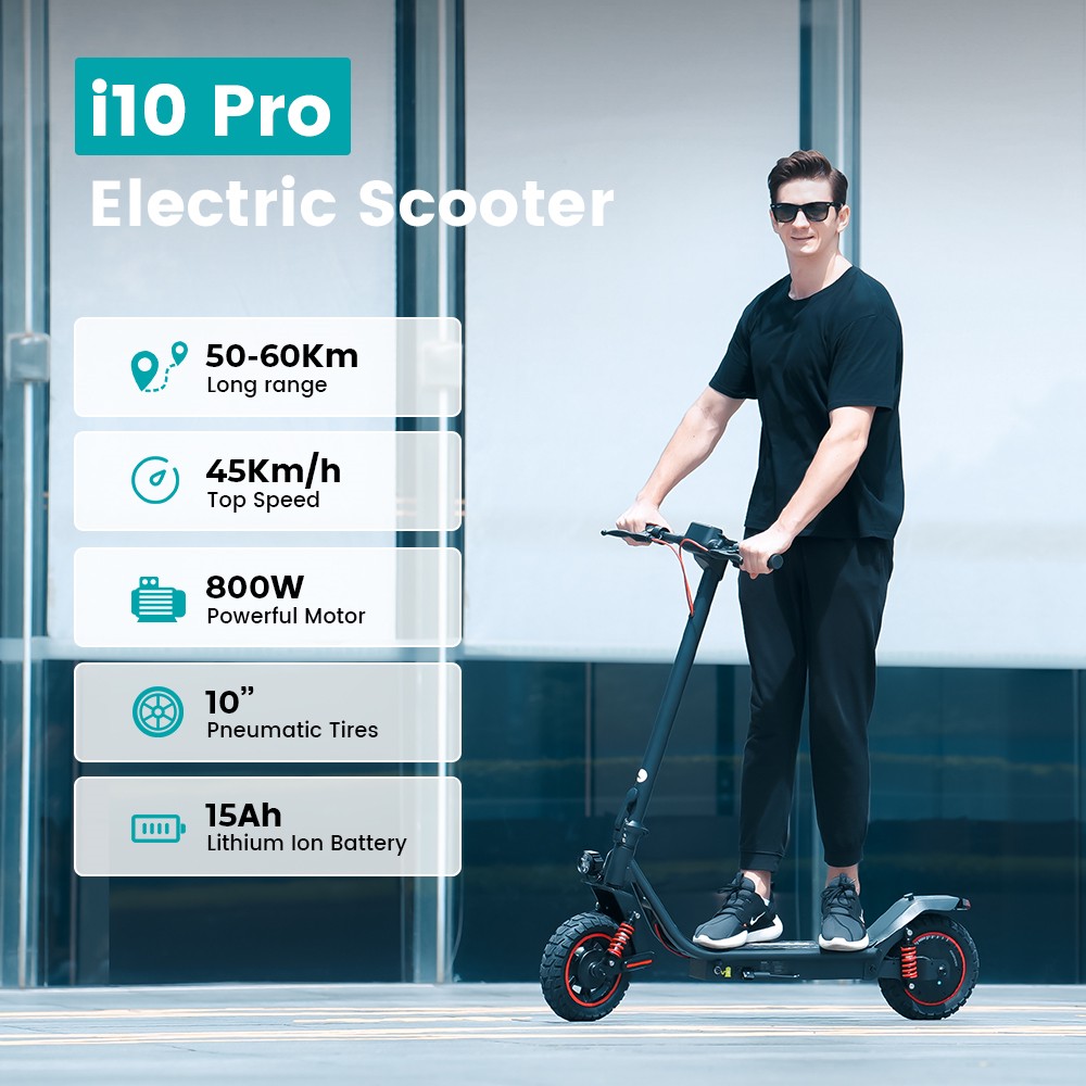 iScooter i10 Pro Electric Scooter 800W Motor 48V 15Ah Battery 10-inch Tires 45km/h Max Speed 60km Range Electronic Brake