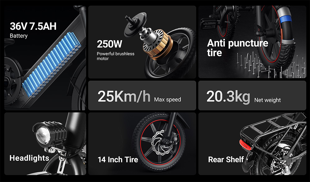 DYU C3 Folding Electric Bike 250W Motor 36V 7 5AH Battery 14 Inch Tires 25km/h Max Speed 37km Range Front