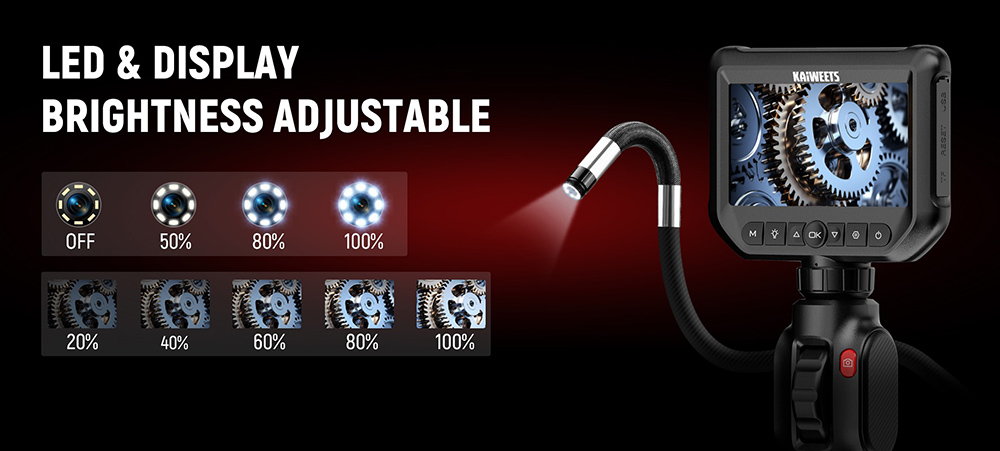 KAIWEETS KBA01 Two-Way Articulating Borescope  210° Rotatable Camera  8 LED Lights  4 3inch Display  1920*1080P  IP67 Waterpro