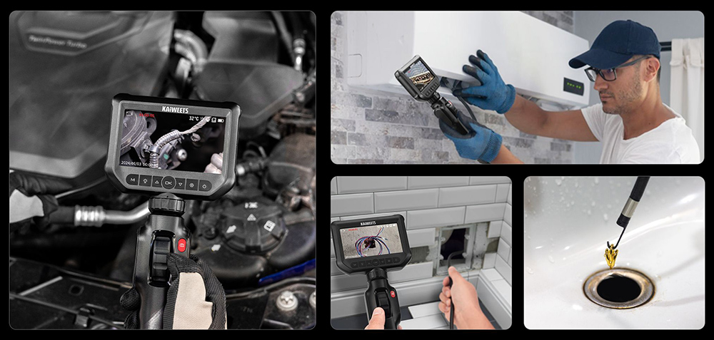 KAIWEETS KBA01 Two-Way Articulating Borescope  210° Rotatable Camera  8 LED Lights  4 3inch Display  1920*1080P  IP67 Waterpro