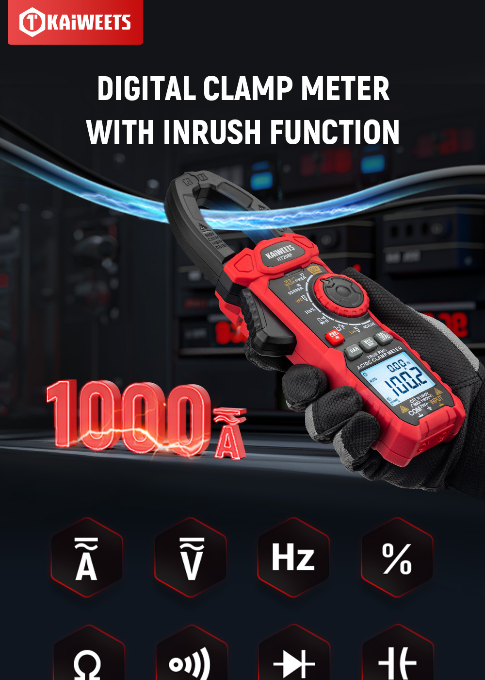 KAIWEETS HT208F Inrush Digital Clamp Meter  1000A with Backlit  TRMS 6000 Counts  15min Auto-shutdown  38mm Large Jaw Design