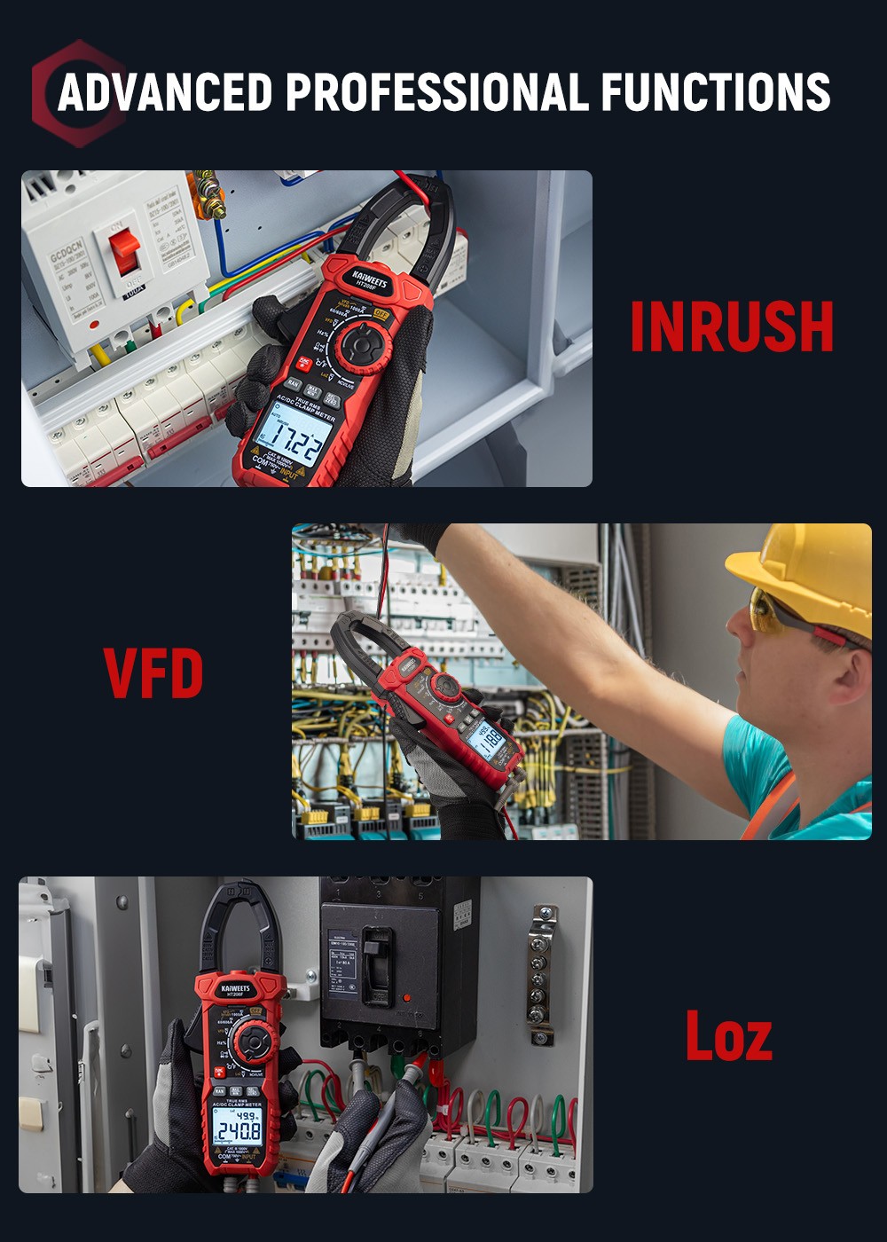 KAIWEETS HT208F Inrush Digital Clamp Meter  1000A with Backlit  TRMS 6000 Counts  15min Auto-shutdown  38mm Large Jaw Design