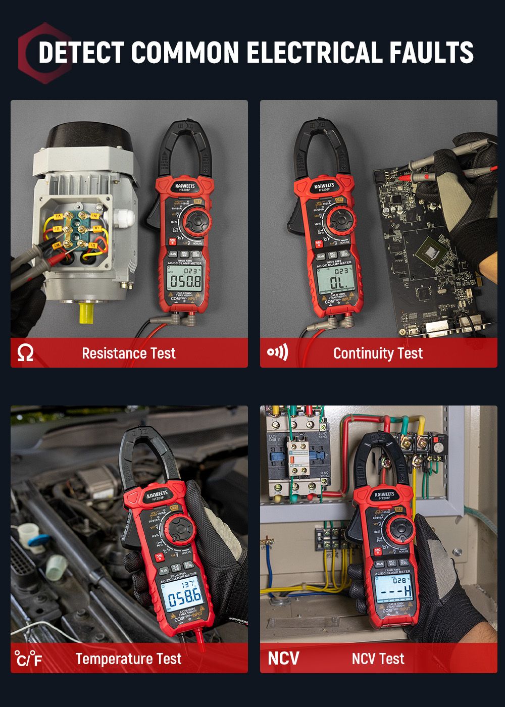 KAIWEETS HT208F Inrush Digital Clamp Meter  1000A with Backlit  TRMS 6000 Counts  15min Auto-shutdown  38mm Large Jaw Design