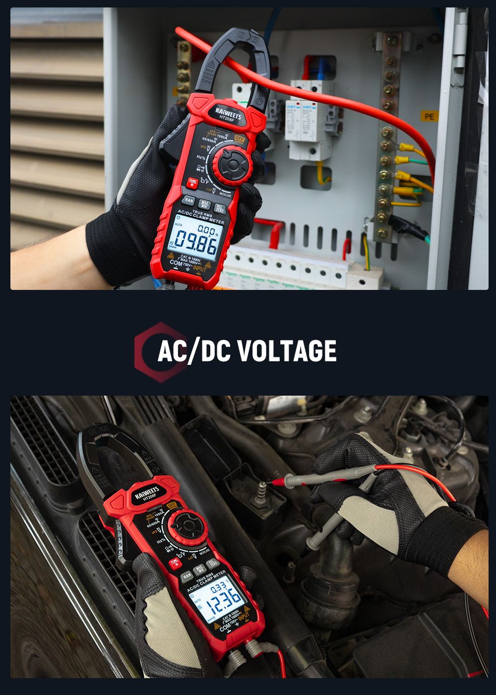 KAIWEETS HT208F Inrush Digital Clamp Meter  1000A with Backlit  TRMS 6000 Counts  15min Auto-shutdown  38mm Large Jaw Design