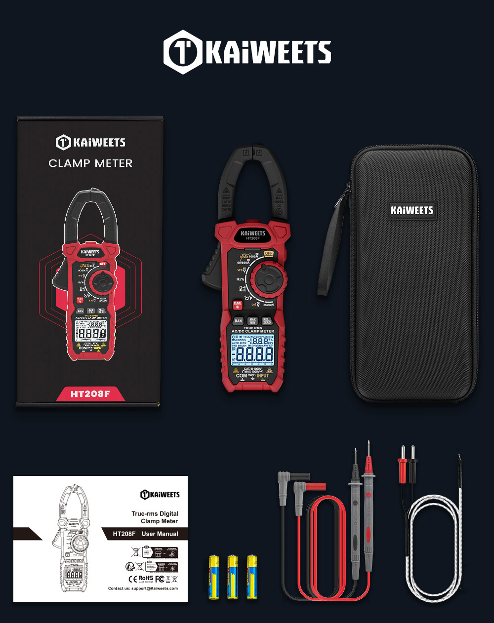 KAIWEETS HT208F Inrush Digital Clamp Meter  1000A with Backlit  TRMS 6000 Counts  15min Auto-shutdown  38mm Large Jaw Design