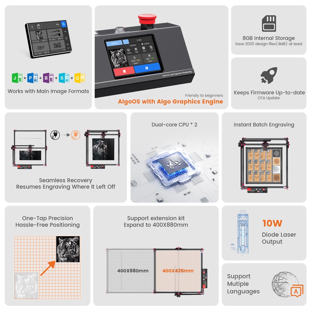 AlgoLaser DIY KIT MK2 10W Laser Engraver  Air Pump  Dual-core CPU  3 5inch Touch Screen  0 01mm Accuracy  12 000mm/min Engravin