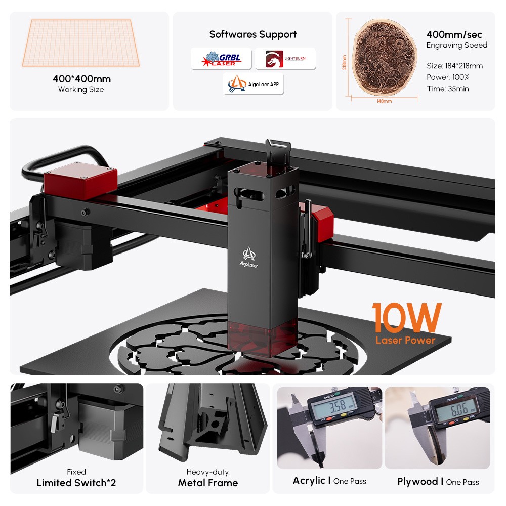 AlgoLaser Alpha 10W Laser Engraver  400mm/s Engraving Speed  400*400mm  157 5*157 5inch  - EU Plug
