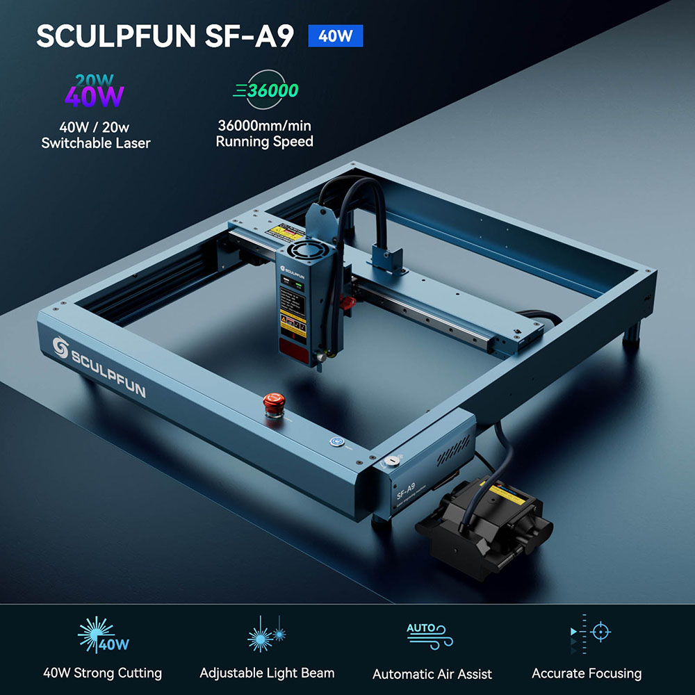 SCULPFUN SF-A9 Laser Engraver Cutter 40W/20W Switchable Laser Power Auto Air Assist 36000mm/min Engraving Speed