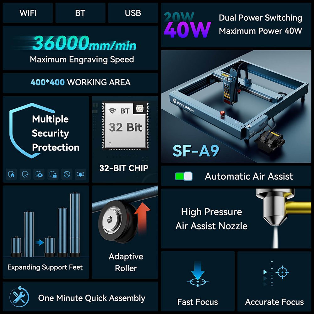 SCULPFUN SF-A9 Laser Engraver Cutter 40W/20W Switchable Laser Power Auto Air Assist 36000mm/min Engraving Speed