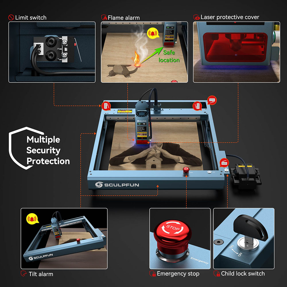 SCULPFUN SF-A9 Laser Engraver Cutter 40W/20W Switchable Laser Power Auto Air Assist 36000mm/min Engraving Speed