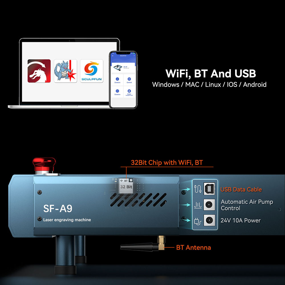 SCULPFUN SF-A9 Laser Engraver Cutter 40W/20W Switchable Laser Power Auto Air Assist 36000mm/min Engraving Speed