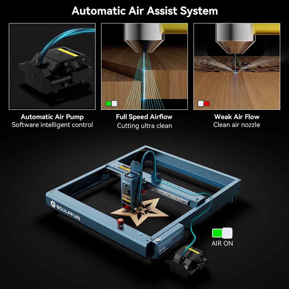 SCULPFUN SF-A9 Laser Engraver Cutter 40W/20W Switchable Laser Power Auto Air Assist 36000mm/min Engraving Speed