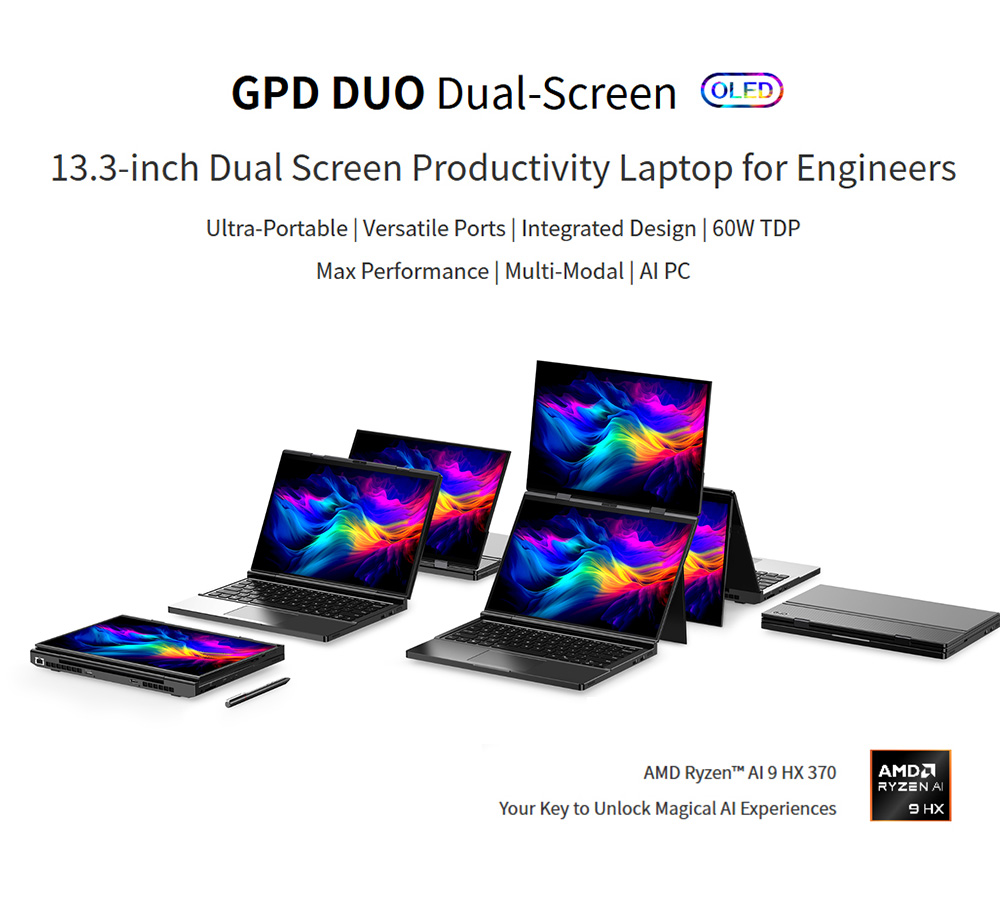 GPD DUO 13 3-inch Dual-OLED Screen Laptop AMD Ryzen AI 9 HX 370 12 Core Max 5 1GHz 2880*1800 32GB LPDDR5 RAM 1TB SSD WiF
