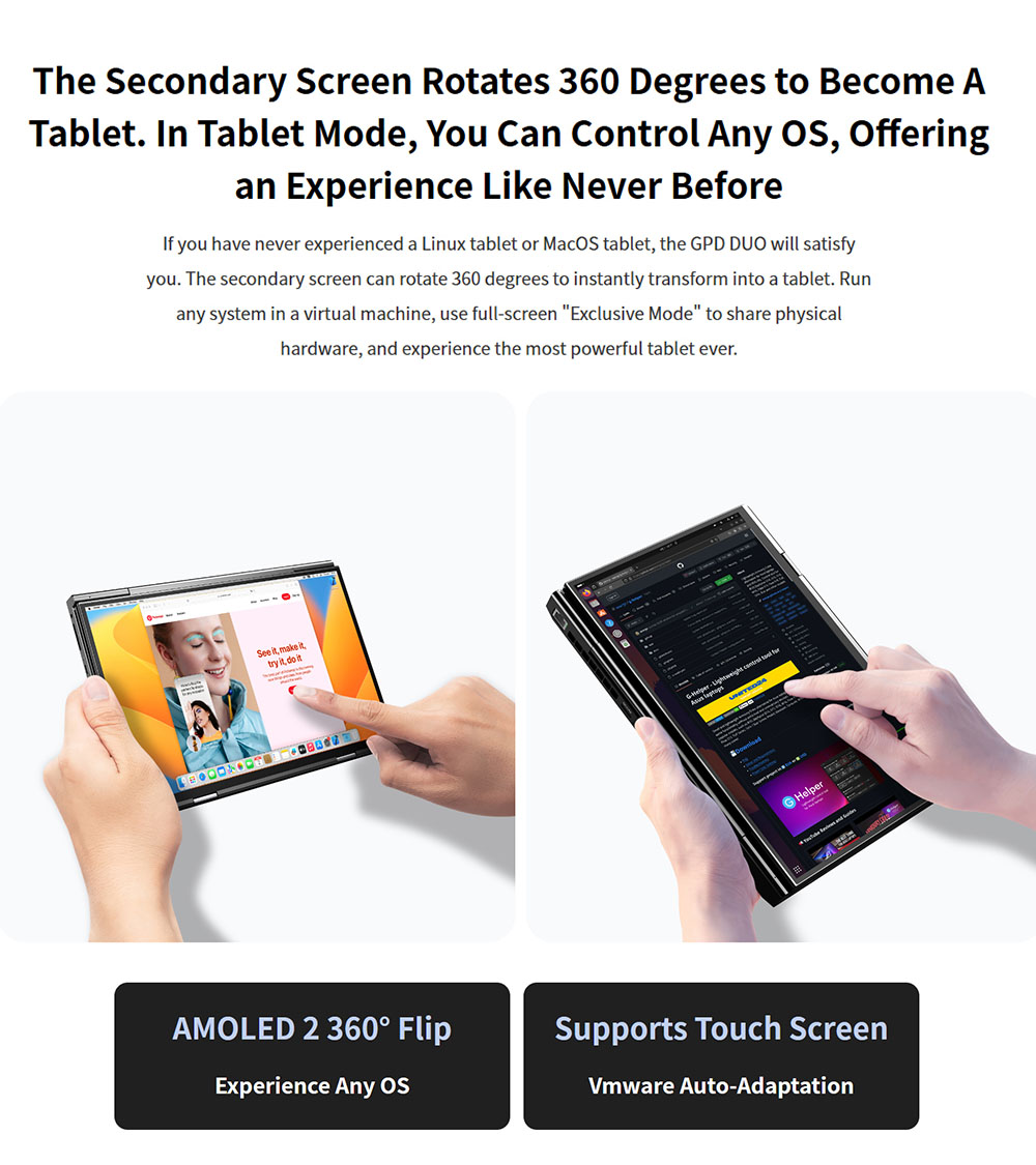 GPD DUO 13 3-inch Dual-OLED Screen Laptop AMD Ryzen AI 9 HX 370 12 Core Max 5 1GHz 2880*1800 32GB LPDDR5 RAM 1TB SSD WiF