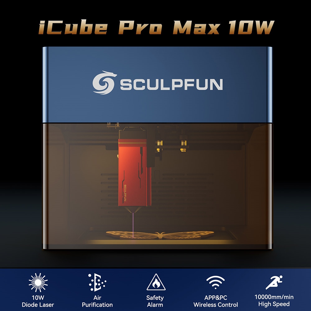 Sculpfun iCube Pro Max 10W Laser Engraver 0 08mm Laser Spot 10000mm/min Engraving Speed 120x120mm