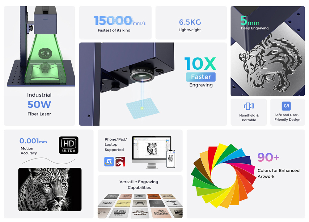 Gweike Cloud G2 MAX 50W Laser Marking Machine 15000mm/s Speed 0 001mm Accuracy 150mm*150mm 5mm Deep Engraving 90 Colors E