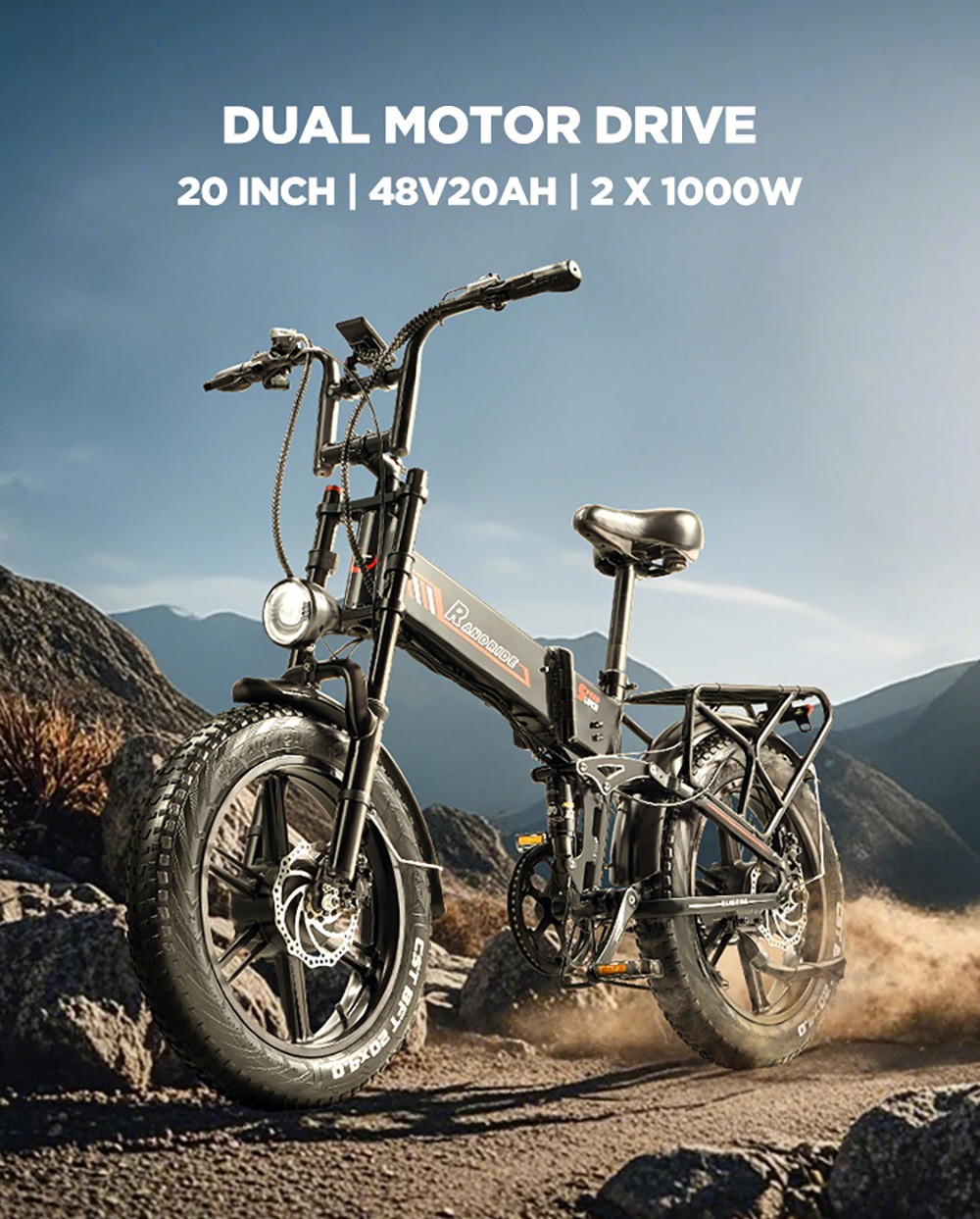 RANDRIDE YX20M-2 Electric Bike  1000W*2 Motor  48V 20Ah Battery  20*4 0-inch Fat Tires  45km/h Max Speed  60km Range  Hydraulic