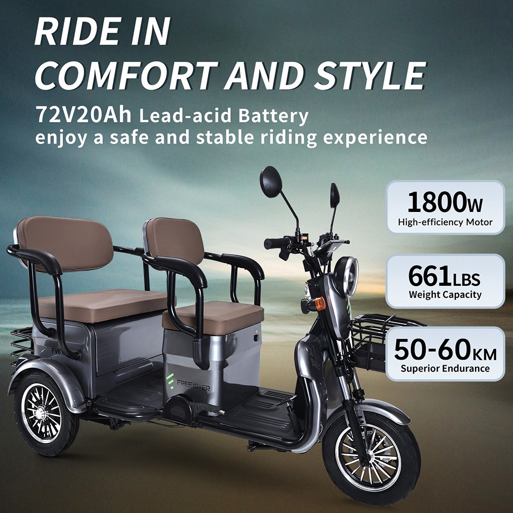 Freejoyer FV6 Max Electric Tricycle 1800W Motor 72V 20Ah Battery 10*3 inch Tire 25km/h Max Speed 60km Range Front Disc Br