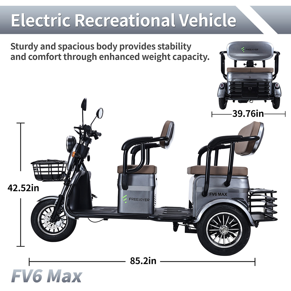 Freejoyer FV6 Max Electric Tricycle 1800W Motor 72V 20Ah Battery 10*3 inch Tire 25km/h Max Speed 60km Range Front Disc Br