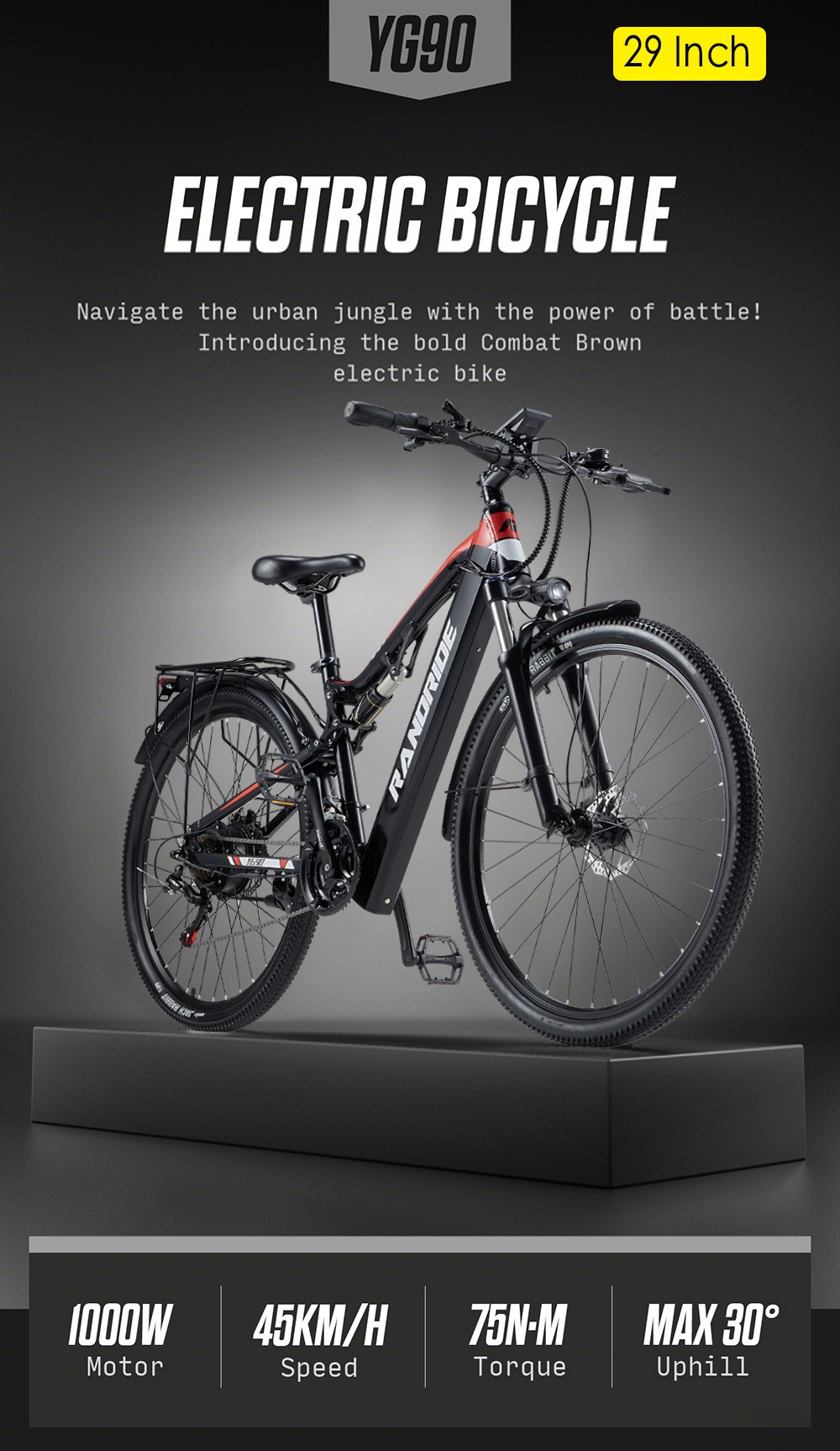 RANDRIDE YG90B-29 Electric Bike  1000W Motor  48V 17Ah Battery  29*2 1 inch Tires  45km/h Max Speed  40-50km Range  Hydraulic D