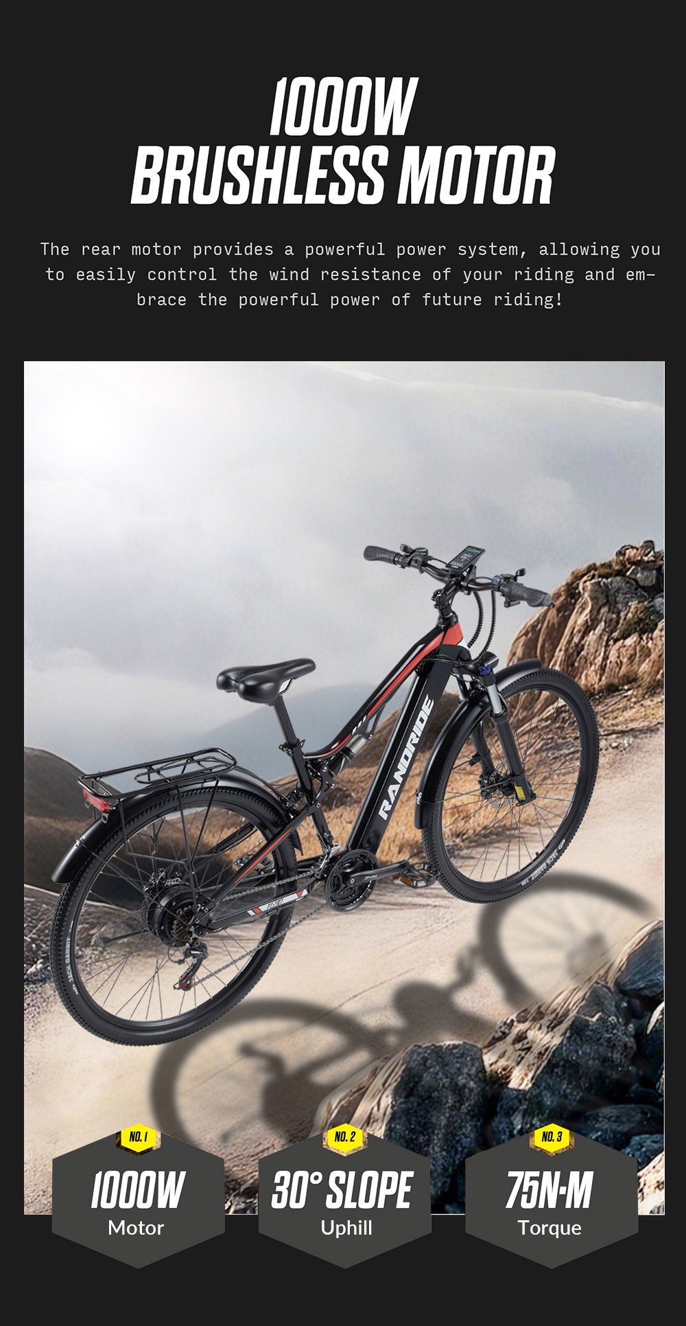 RANDRIDE YG90B-29 Electric Bike  1000W Motor  48V 17Ah Battery  29*2 1 inch Tires  45km/h Max Speed  40-50km Range  Hydraulic D