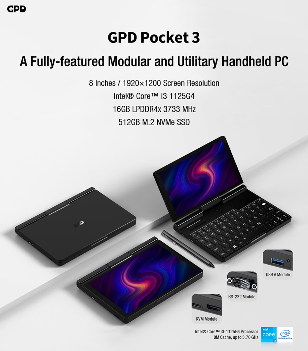 GPD Pocket 3 Handheld Laptop  Intel Core i3-1125G4 4 Core Max 3 7GHz  8 inch 1920*1200 IPS Screen  16GB RAM 512GB SSD  WiFi6E B