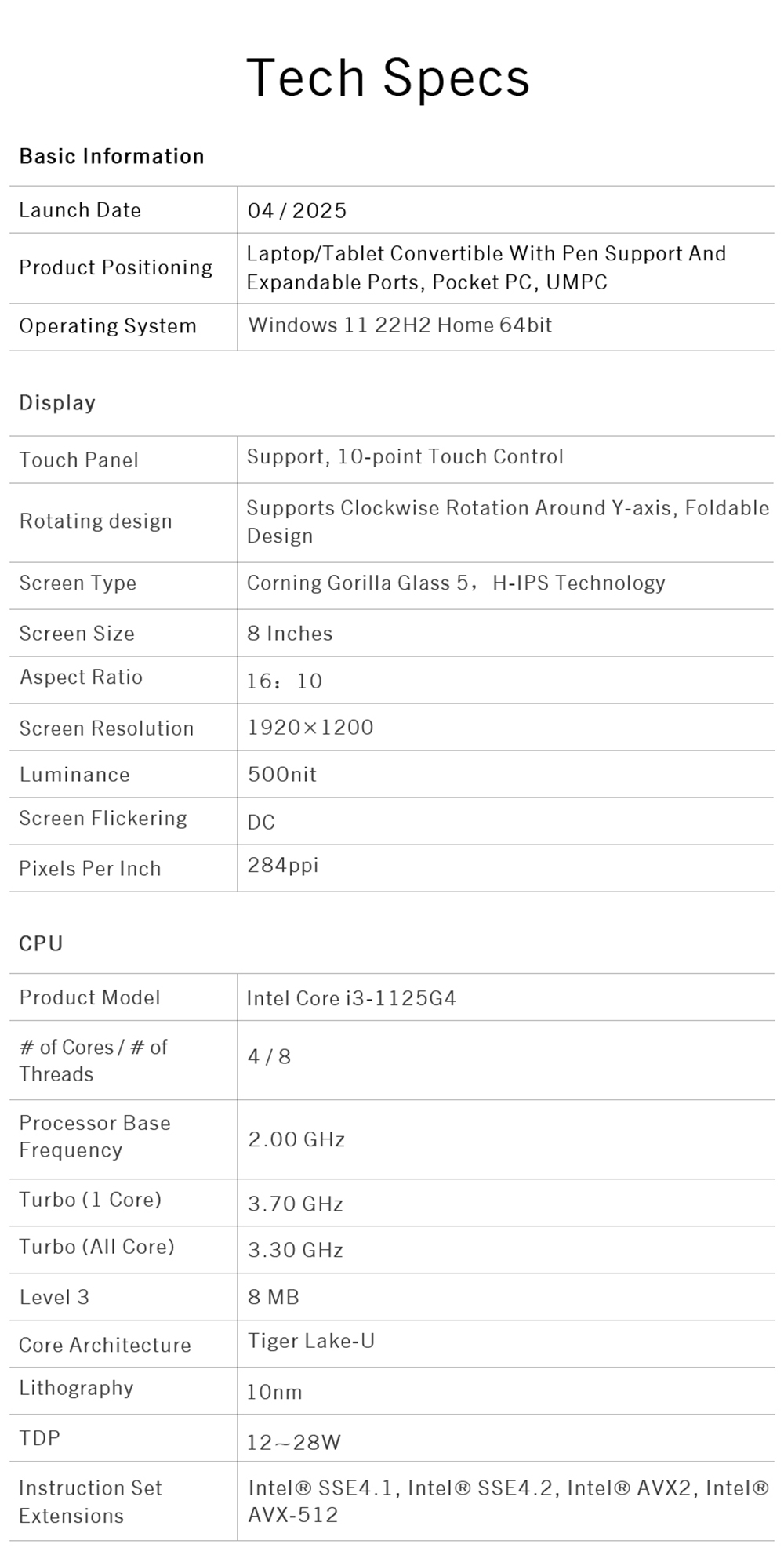 GPD Pocket 3 Handheld Laptop  Intel Core i3-1125G4 4 Core Max 3 7GHz  8 inch 1920*1200 IPS Screen  16GB RAM 512GB SSD  WiFi6E B