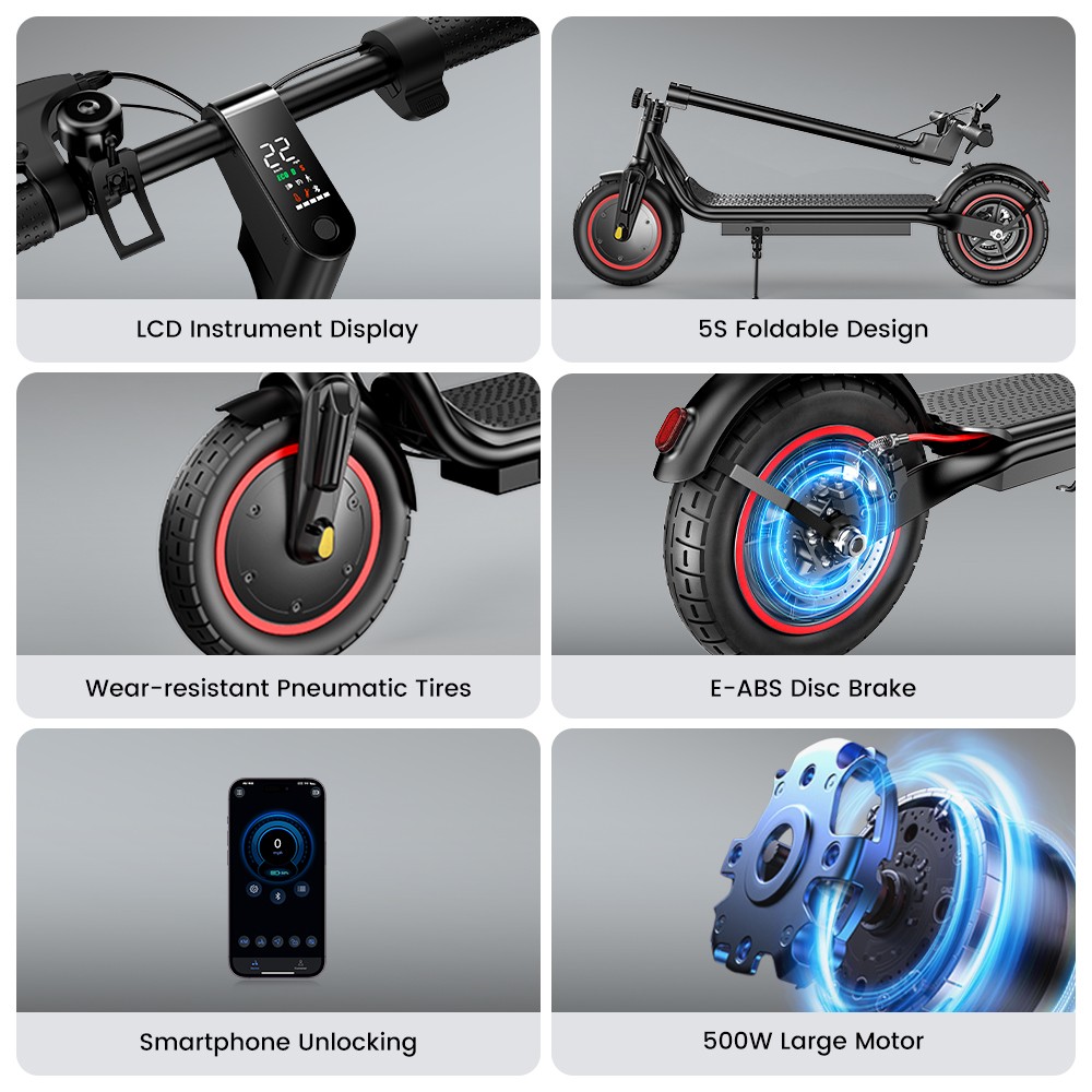 iScooter W6 Folding Electric Scooter  500W Motor  36V 7 8Ah Battery  10 inch Tires  35km/h Max Speed  30km Range  Rear Disc Bra