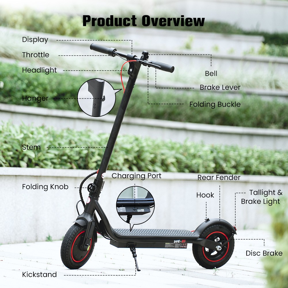iScooter W6 Folding Electric Scooter  500W Motor  36V 7 8Ah Battery  10 inch Tires  35km/h Max Speed  30km Range  Rear Disc Bra